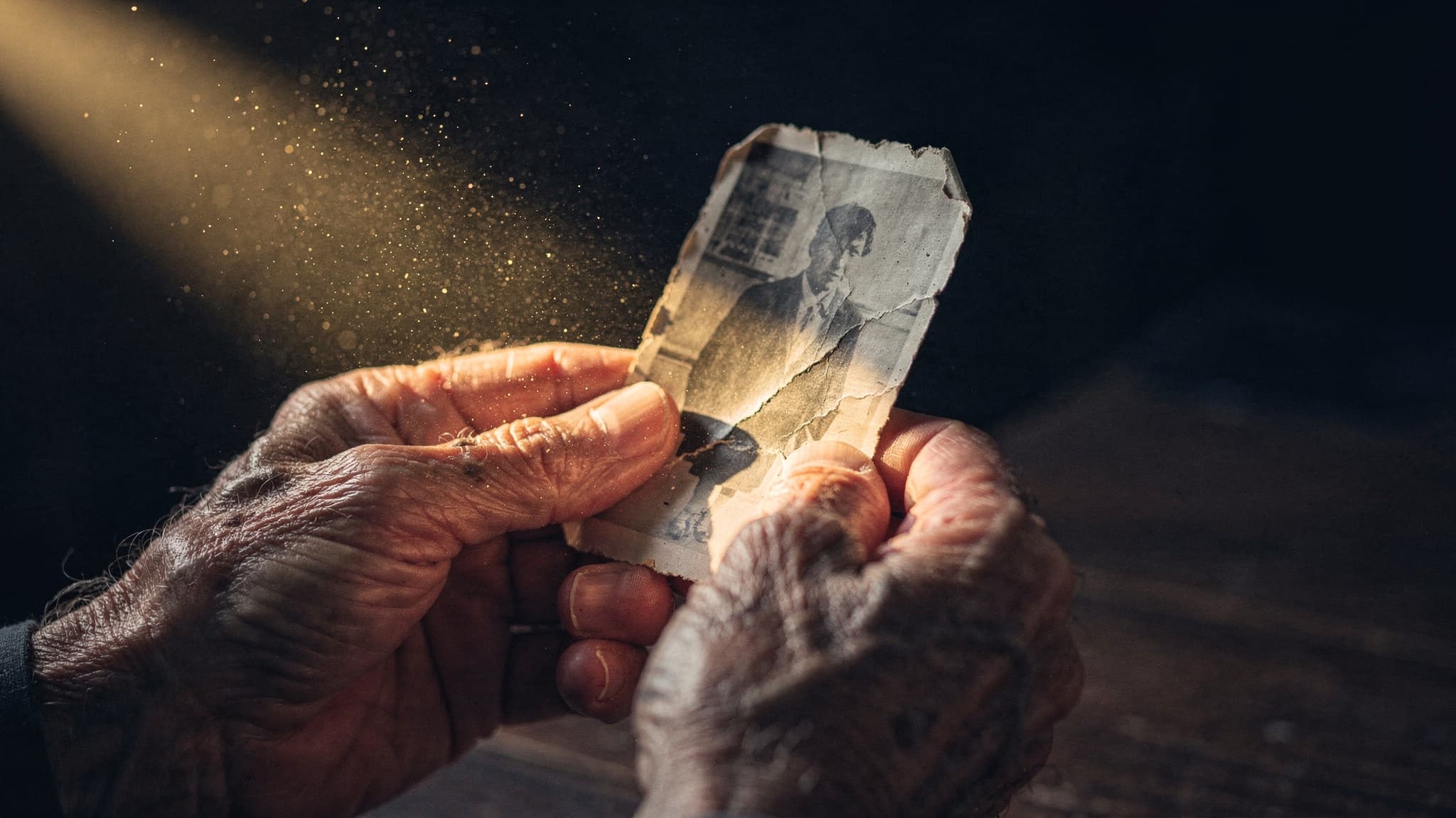 Mãos idosas segurando uma fotografia antiga, rasgada e amarelada, sob um facho de luz dourada